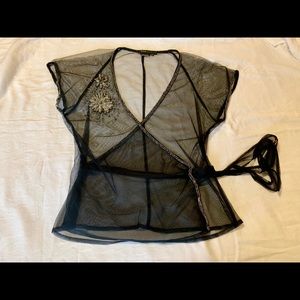 BCBGMaxAzria Mesh Crossover Beaded Top